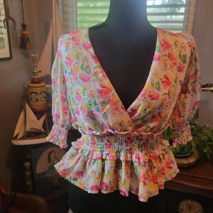 Floral V-Neck Blouse with Smocked Waist